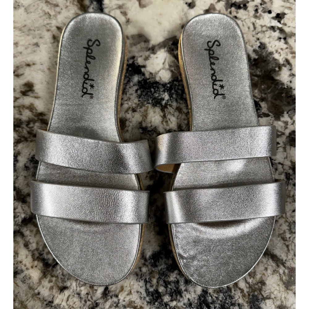 Splendid Womens Silver Metallic Double Strap Espadrille‎ Slide Sandals Size 6.5
